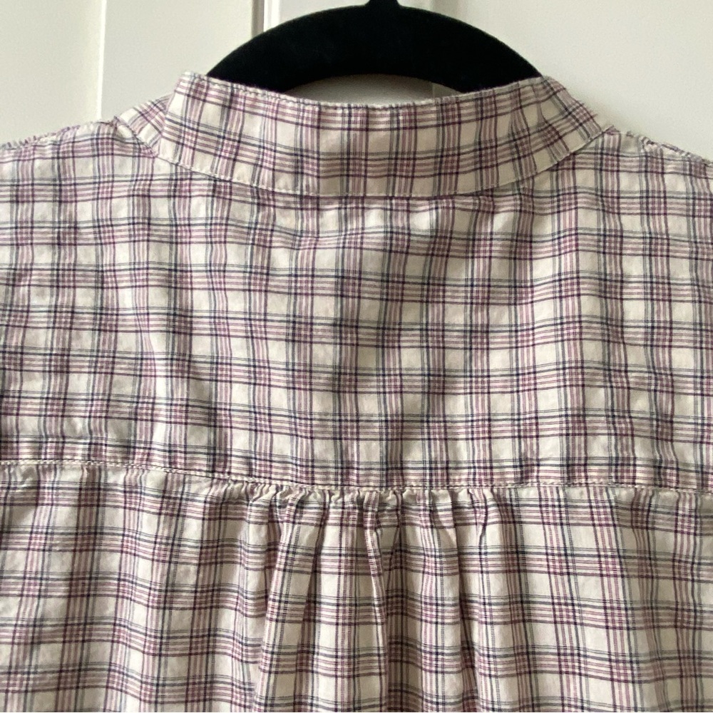 Uniqlo 100% Cotton Classic Beige Plaid Button-Up Shirt with Mauve & Navy Stripes - Picture 5 of 12